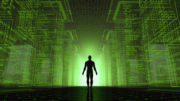 Matrix ma standing at lighted door within green matrix post